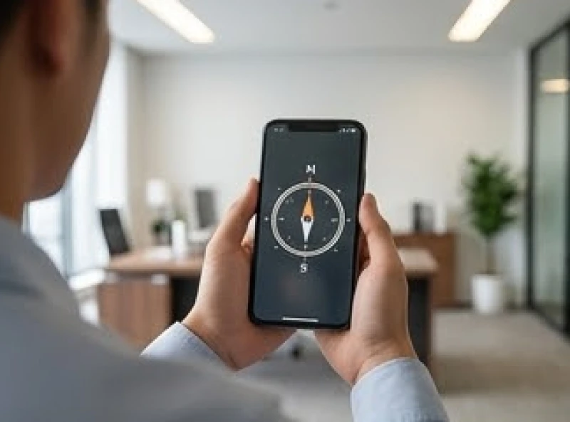 Tài lộc tuổi Ngọ: Cách xác định góc tụ tài bằng la bàn 4 Người dùng cầm điện thoại mở ứng dụng la bàn đứng giữa phòng để đo góc tài lộc