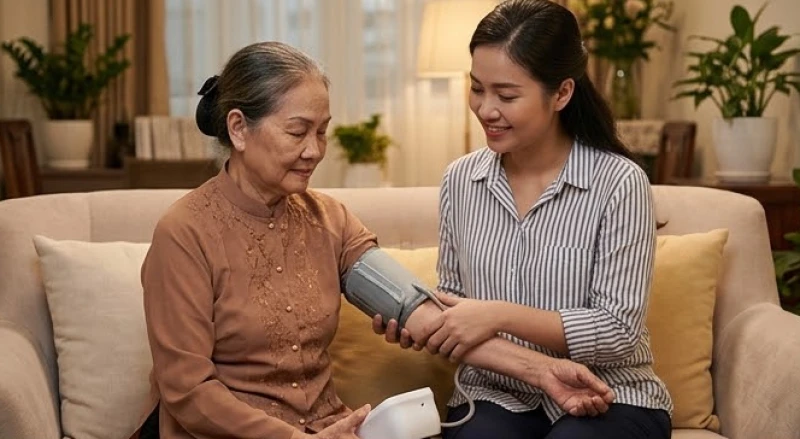 Con cháu ân cần đo huyết áp cho cụ bà vào những tháng thời tiết chuyển mùa thu đông