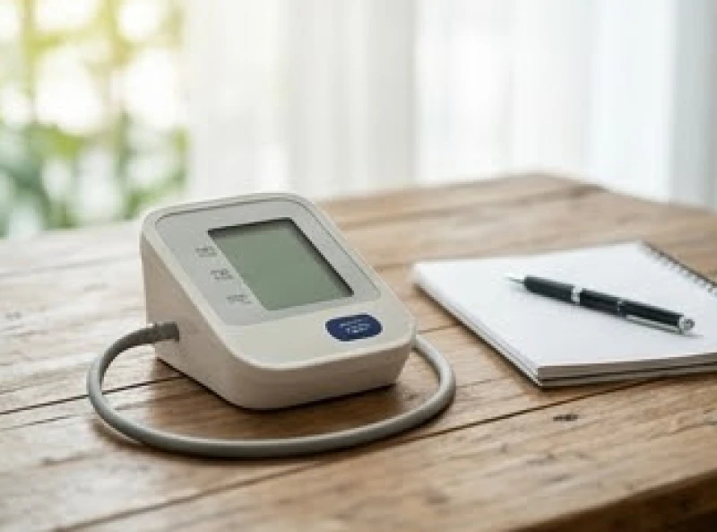 Máy đo huyết áp điện tử đặt trên bàn gỗ hỗ trợ kiểm soát chỉ số tim mạch cho sức khỏe tuổi Dần