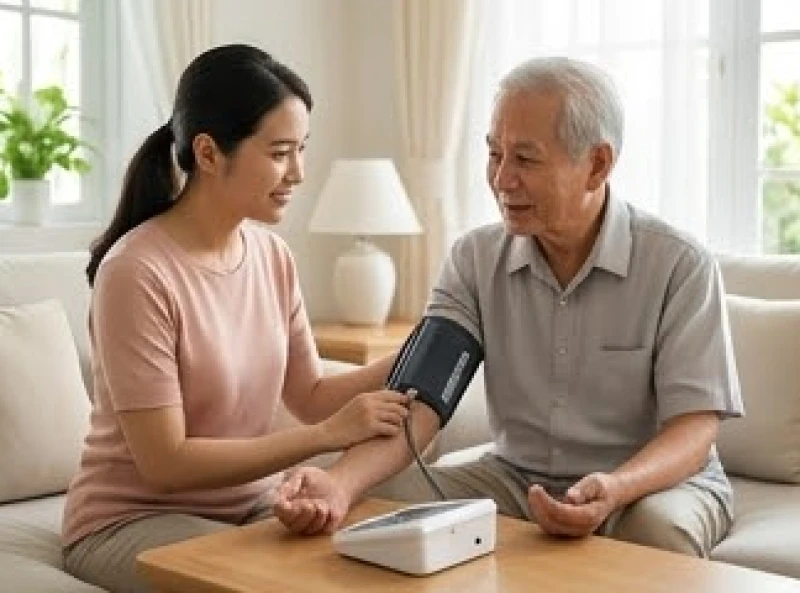 Con gái cẩn thận đo huyết áp cho cụ ông tại phòng khách để theo dõi sức khỏe hàng ngày