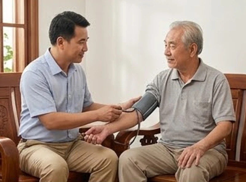 Tử vi tuổi Canh Dần 1950 năm 2027: giải hạn và sức khỏe tuổi 78 4 Người con trai ân cần đo huyết áp cho người cha cao tuổi đang ngồi thư giãn trên ghế tựa