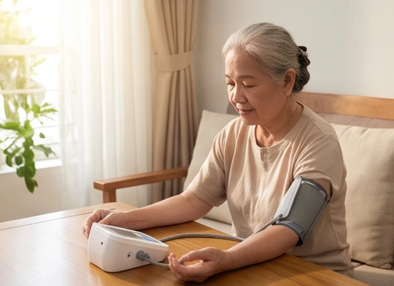 Sức khỏe tuổi Ngọ năm 2027: Tháng kỵ và rủi ro bệnh lý nam nữ 6 Người cao tuổi đang sử dụng máy đo huyết áp điện tử tại nhà để theo dõi sức khỏe
