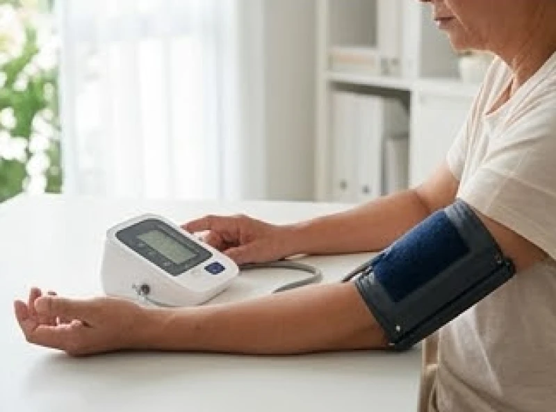 Bệnh nhân tự dùng máy đo huyết áp điện tử tại nhà để theo dõi chỉ số sức khỏe vào sáng sớm