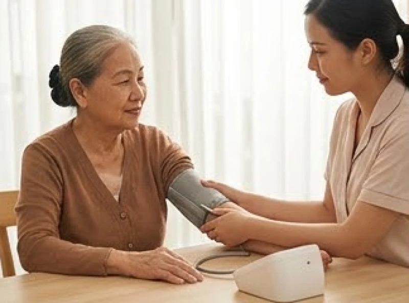 Bác sĩ gia đình đang cẩn thận đo huyết áp cho cụ bà để tầm soát các rủi ro về tim mạch trong giai đoạn chuyển mùa