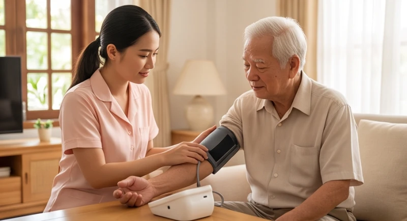 Tử vi tuổi Quý Mùi 1943 năm 2027: Giải sao và phòng bệnh tuổi 85 4 Người con gái đang cẩn thận đo huyết áp cho cụ ông 85 tuổi bằng máy đo điện tử