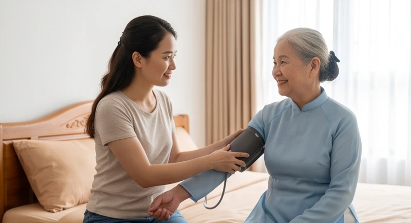 Con gái cẩn thận đo huyết áp cho mẹ già tại nhà bằng máy điện tử
