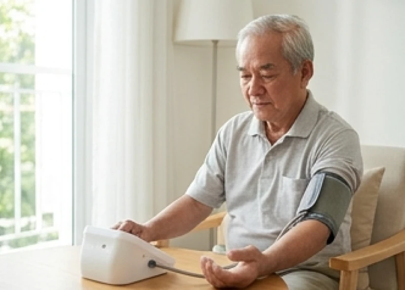 Máy đo huyết áp điện tử hiển thị chỉ số an toàn của một người lớn tuổi đang tự kiểm tra sức khỏe tại phòng khách