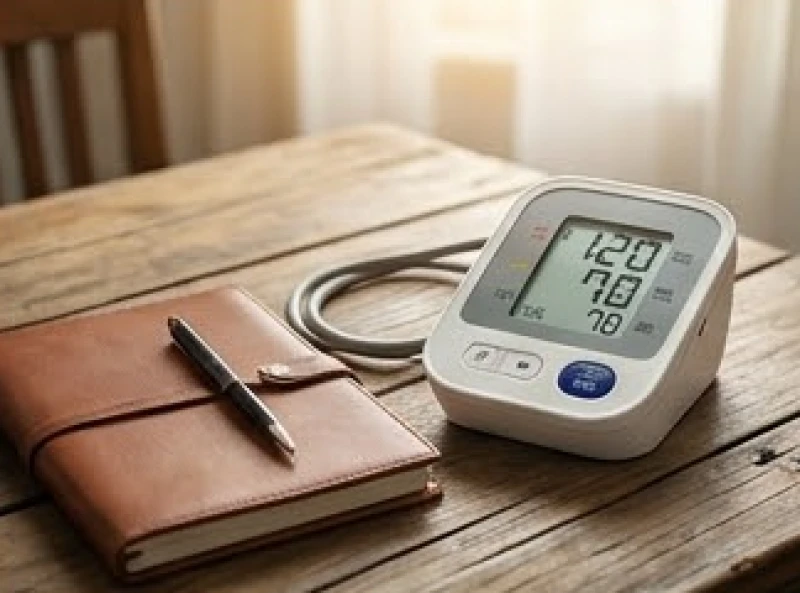 Máy đo huyết áp điện tử hiển thị chỉ số ổn định đặt cạnh cuốn sổ ghi chép sức khỏe cá nhân