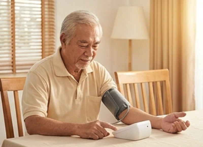 Người cao tuổi tự đo huyết áp tại nhà bằng máy đo điện tử để theo dõi tim mạch