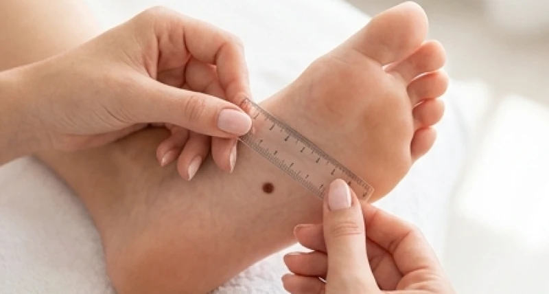 Sử dụng thước trong suốt để đo kích thước nốt ruồi dưới lòng bàn chân tại nhà