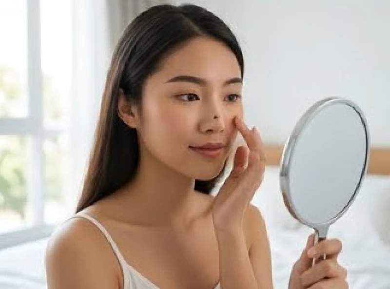 Phụ nữ soi gương và tự kiểm tra hình dáng cũng như kích thước nốt ruồi của mình tại nhà