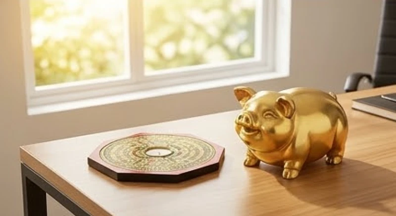 Tượng con lợn phong thủy hợp tuổi Hợi: cách chọn chuẩn Ngũ hành 7 Chiếc la bàn đặt cạnh bức tượng lợn trên bàn làm việc để căn chỉnh chính xác hướng Tây Bắc
