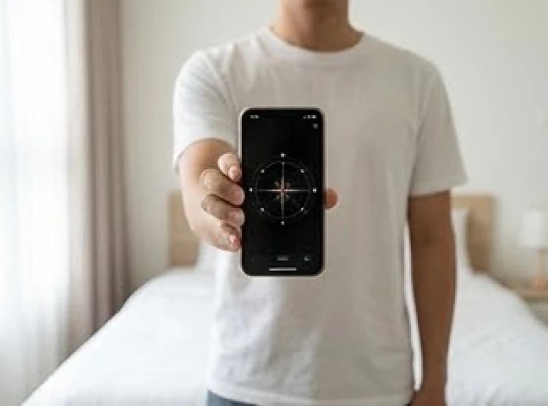 Người đứng giữa phòng cầm điện thoại mở ứng dụng la bàn ngang ngực để định vị hướng Bắc