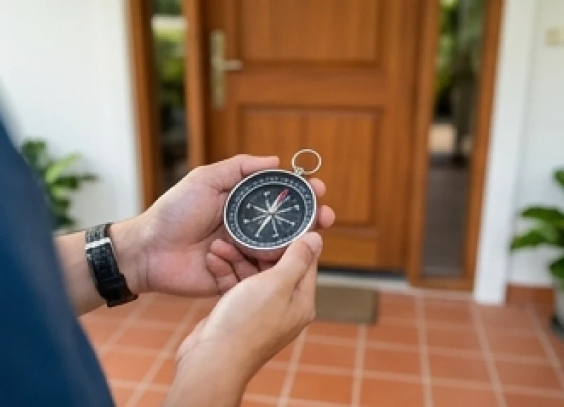 Người cầm la bàn cơ học đứng cách thềm cửa chính để đo đạc thông số phương vị nạp khí