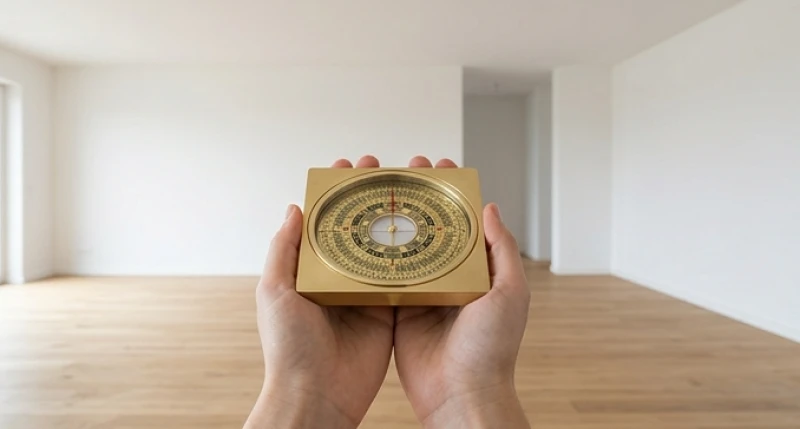 Đứng ngay giữa tâm phòng khách cầm la bàn ngang ngực để đo chính xác hướng cửa chính