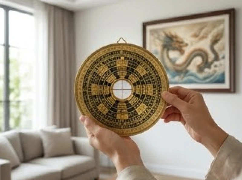 Bàn tay cầm chiếc la bàn phong thủy bằng đồng đặt trước bức tường phòng khách để xác định phương vị