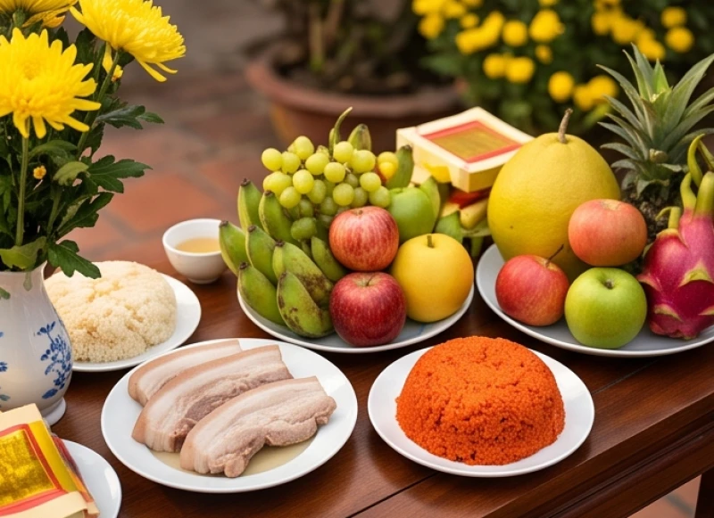 Văn khấn tạ lễ Tam Tai cuối năm: Mâm cúng, ngày giờ và bài khấn 4 Mâm cúng tạ ơn cuối năm tươm tất với đồ mặn, trái cây tươi và hoa cúc, không xuất hiện các vật phẩm tống tiễn xui xẻo