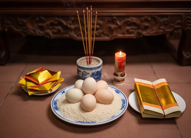 Đĩa lễ gồm năm quả trứng vịt sống và tiền vàng mã được dâng tại hạ ban thờ Quan Ngũ Hổ uy nghi