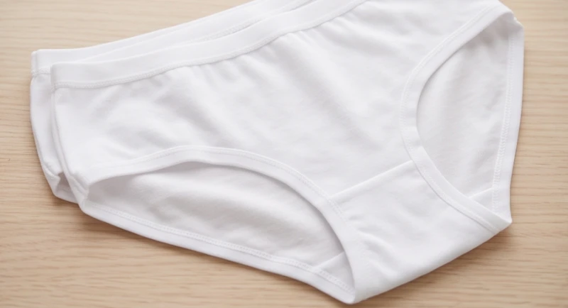Các nếp gấp của một chiếc quần lót chất liệu cotton mềm mại trên mặt bàn gỗ sáng màu