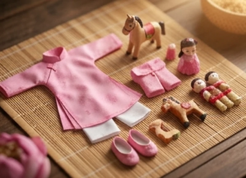 Bộ đồ chơi và quần áo giấy màu hồng dâng ban 12 bà Mụ Tiên Nương