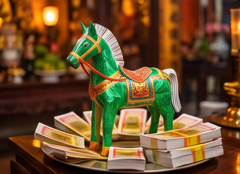 Văn khấn Quan Lớn Tuần Tranh: Bài khấn chuẩn và cẩm nang dâng lễ 6 Hình nhân ngựa mã xanh lá cây cùng các xấp tiền vàng Tứ Phủ được xếp ngay ngắn chuẩn bị dâng lên đền