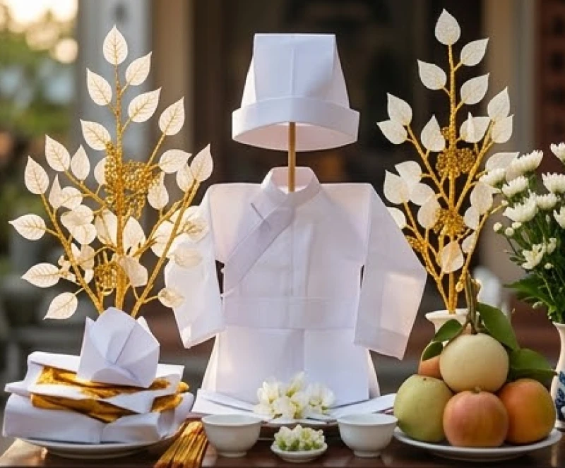 Văn khấn Mẫu Thoải tại Đền Ghềnh: Cách sắm lễ và bài khấn chuẩn 2 Mâm ngũ quả tươi và đồ mã màu trắng tinh khiết được chuẩn bị chu đáo