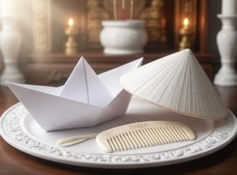 Mâm lễ dâng Tiên Cô Bơ Thoải Cung nổi bật với nón hài và thuyền giấy mang sắc trắng đặc trưng