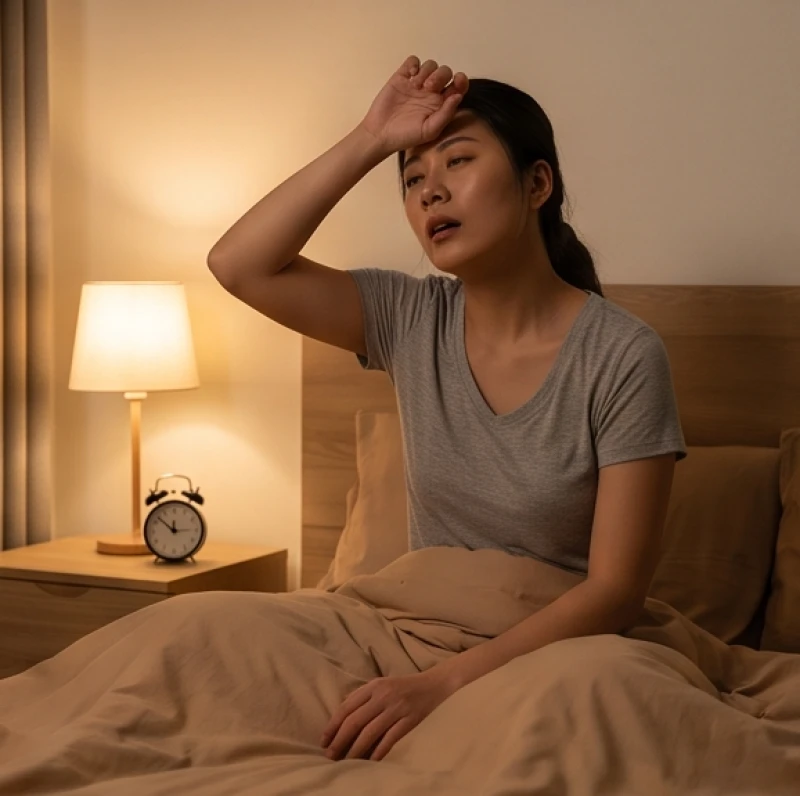 Người phụ nữ dùng tay chạm vào trán kiểm tra nhiệt độ khi cơ thể đang vã mồ hôi nóng ran lúc khuya