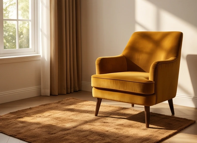 Góc thư giãn ấm cúng với chiếc ghế sofa bọc nỉ màu vàng sậm và thảm trải sàn màu nâu nhạt