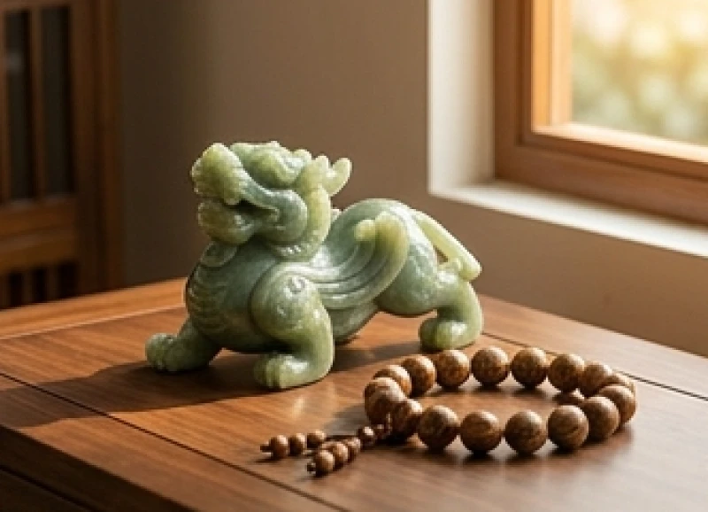 Tượng tỳ hưu và vòng tay trầm hương phong thủy bày trí gọn gàng trên bàn làm việc