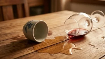 Chén rượu trắng và ly vang đỏ vô tình bị đổ tràn trên mặt bàn, khơi gợi thắc mắc đổ rượu là điềm gì trong phong thủy