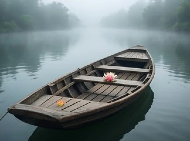 Chiếc đò mộc mạc trên dòng suối vắng với một chỗ ngồi trống được gia đình chuẩn bị sẵn cho em bé