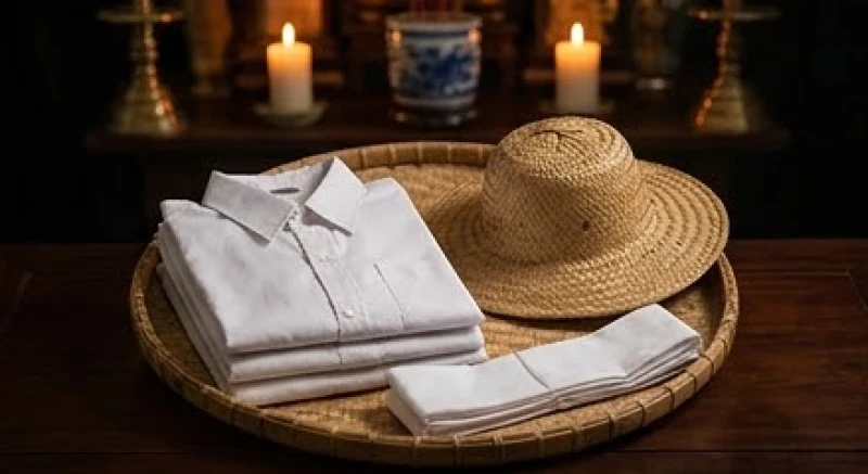 Văn khấn phát tang: Bài cúng Lễ Thành Phục & trình tự hành lễ 4 Mâm đựng các bộ áo xô gai và khăn tang màu trắng được xếp ngay ngắn đằng trước linh tọa chờ phát cho gia quyến