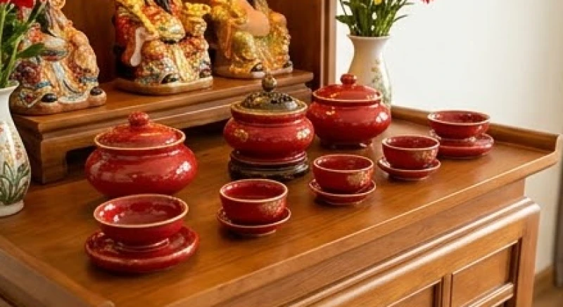 Bộ đồ thờ cúng bằng gốm sứ tráng men đỏ dành cho gia chủ tuổi Dậu mang mệnh Hỏa