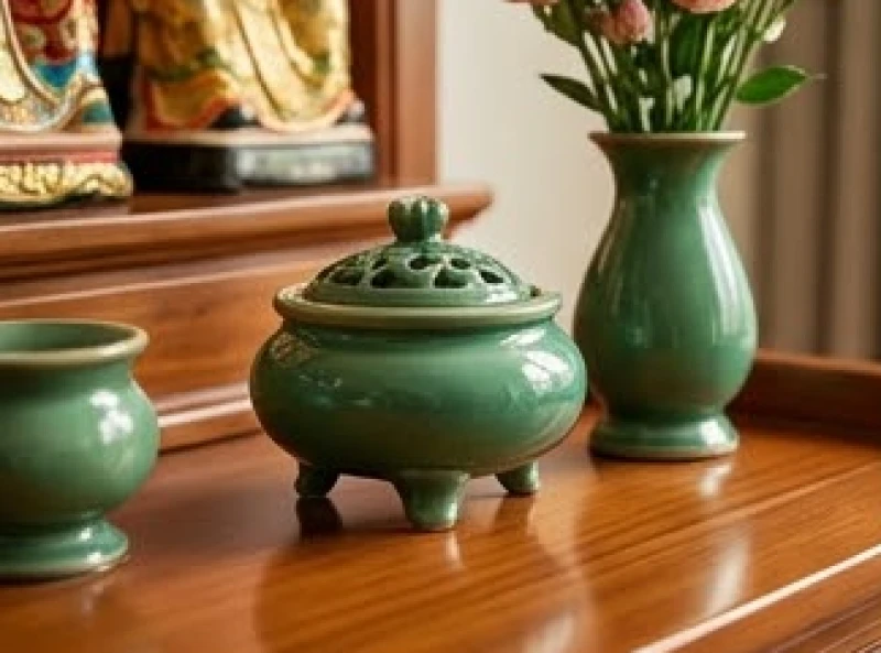 Cách bài trí bàn thờ Thần Tài cho tuổi Thìn: Tọa độ chuẩn 5 Bát hương và lọ hoa bằng gốm men ngọc lục bảo bóng bẩy dành cho người mệnh Mộc