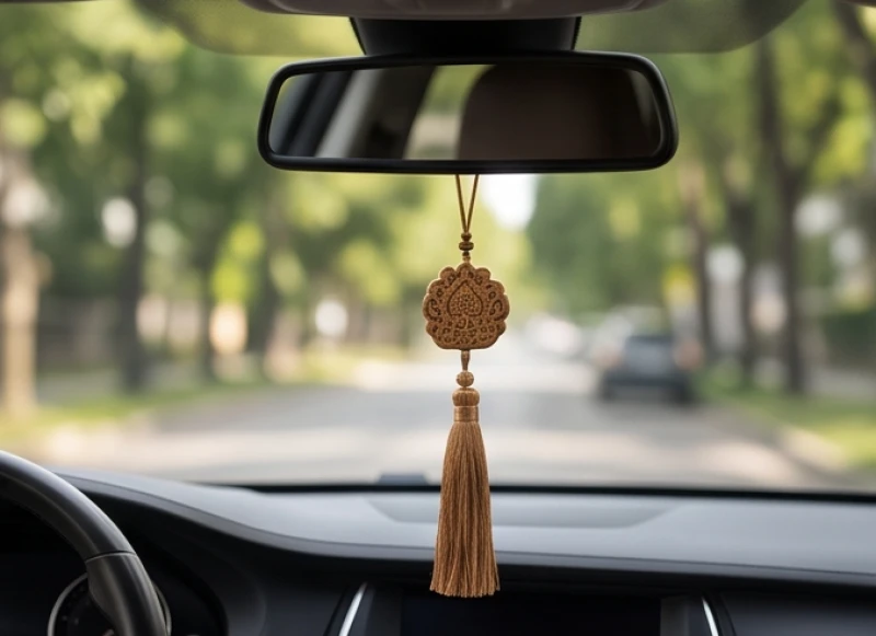 Dây treo phong thủy bằng gỗ chạm khắc tinh xảo đung đưa nhẹ nhàng trước gương chiếu hậu của ô tô sang trọng