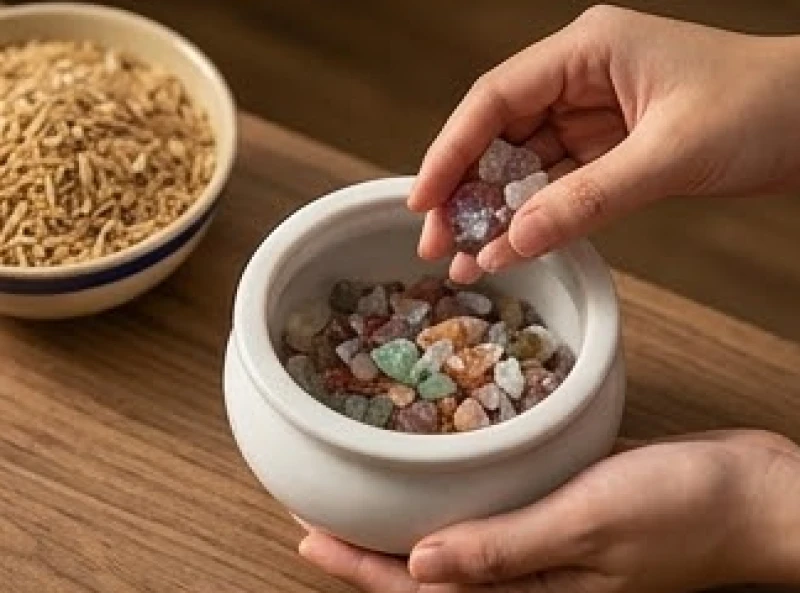 Đôi bàn tay cẩn thận rải lớp đá thạch anh ngũ sắc xuống đáy bát hương sứ trước khi đổ tro trấu