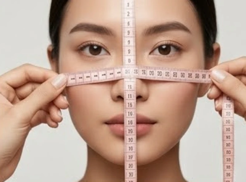 Thao tác đo khoảng cách từ đỉnh trán xuống cằm và bề ngang gò má để xác định tỷ lệ khuôn mặt