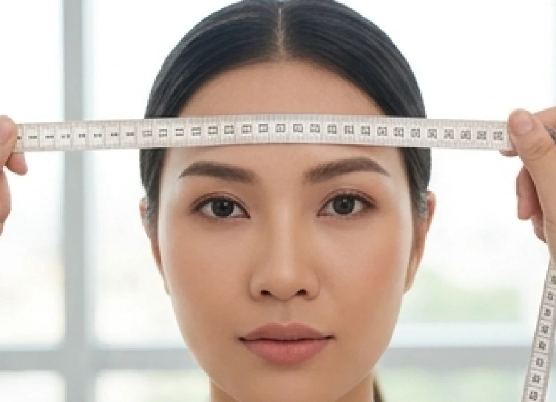 Đặt thước đo để xác định chính xác khoảng cách của thượng đình trên khuôn mặt từ chân tóc đến cung mày