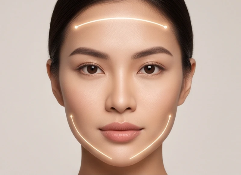 Thao tác đo khoảng cách ngang giữa thái dương và góc hàm để xác định tỷ lệ chuẩn xác của khuôn mặt