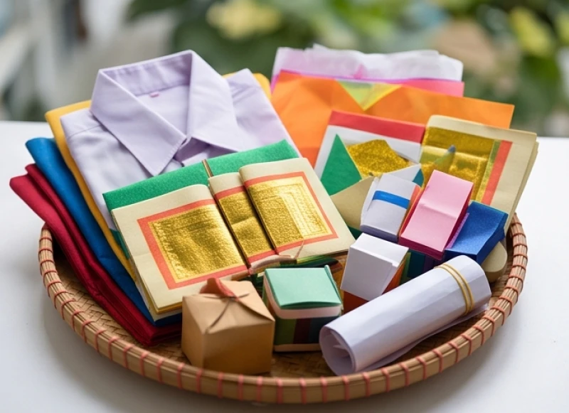 Các bộ quần áo giấy hiện đại và đồ chơi bằng giấy được xếp ngay ngắn chuẩn bị cho nghi thức hóa vàng