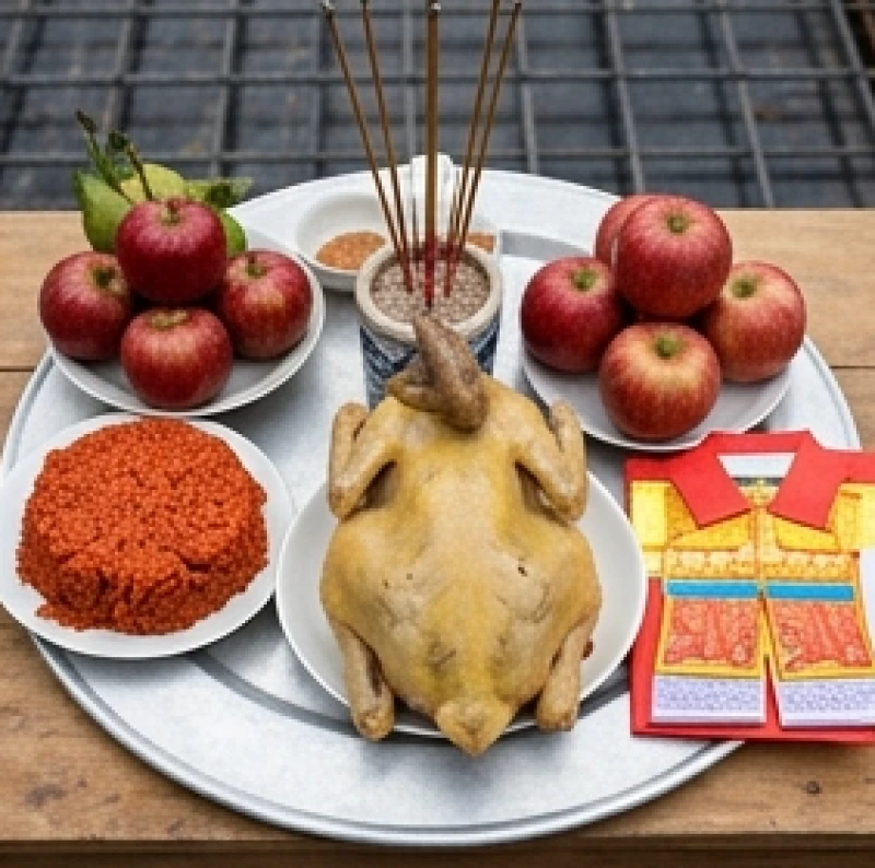 Bộ quần áo Quan Thần Linh màu đỏ cùng các lễ vật mặn và tiền vàng mã được bày biện cẩn thận trên mâm cúng công trình