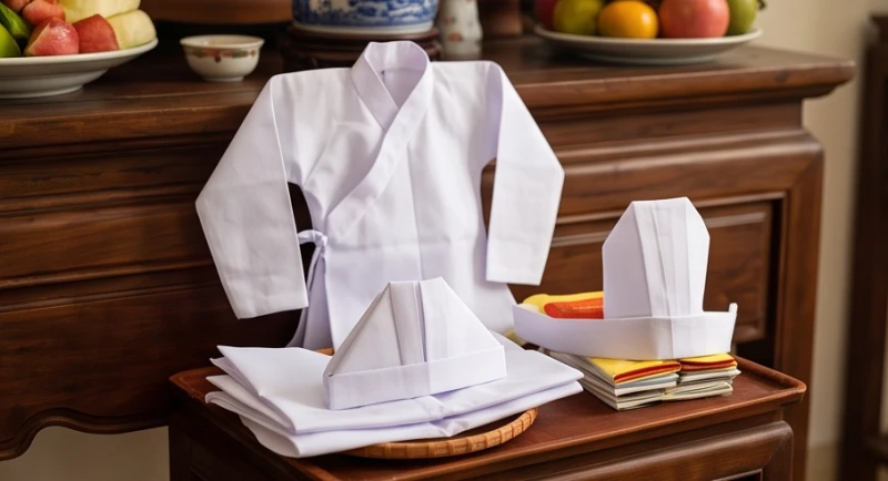 Văn khấn giỗ hết cha: Bài cúng chuẩn và trình tự xả tang 5 Bộ đồ mã tang phục đặc chủng gồm áo xô, mũ mấn bằng giấy dùng để hóa trong lễ Đại Tường.