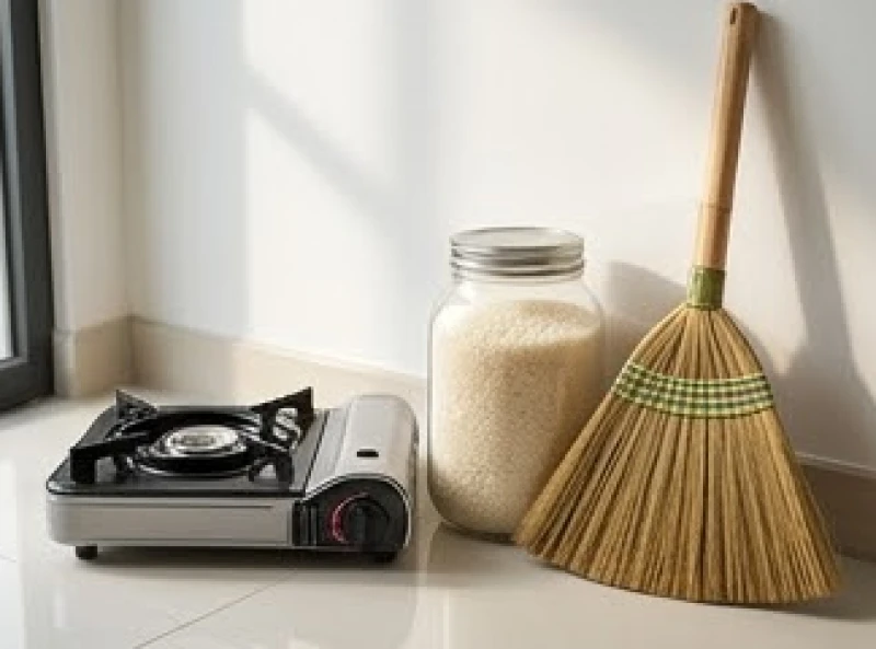 Một chiếc bếp gas mini nhỏ gọn cùng hũ gạo trắng đầy ắp được chuẩn bị sẵn sàng ngoài cửa