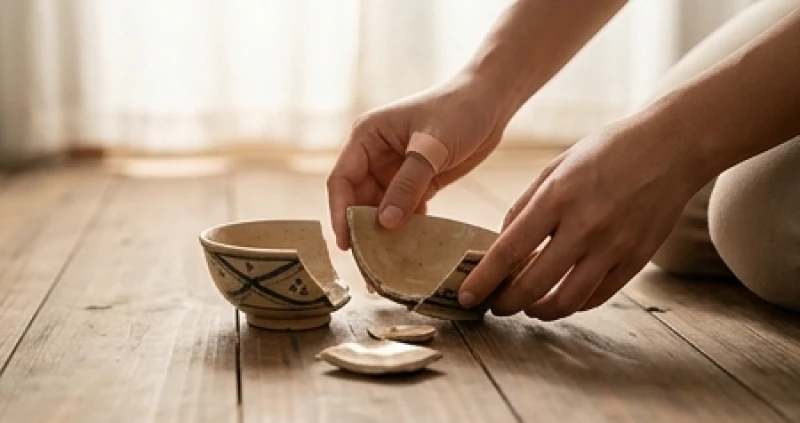 Mảnh vỡ gốm sứ trên sàn nhà vô tình làm xước tay người dọn dẹp trong buổi sáng sớm.