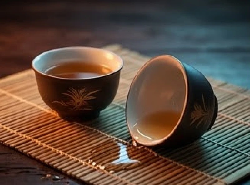 Hai tách trà truyền thống trên bàn với một chiếc bị lật nghiêng làm đổ nước ra ngoài