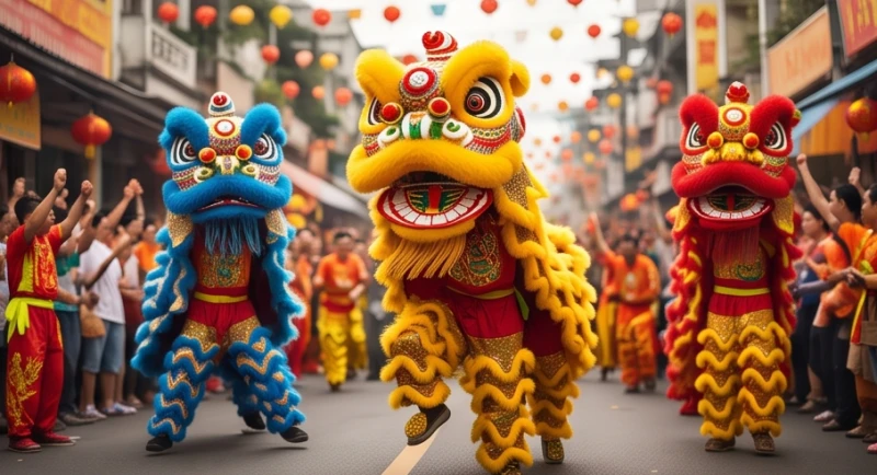 Đoàn biểu diễn múa lân dân gian với màu sắc rực rỡ và không khí lễ hội náo nhiệt