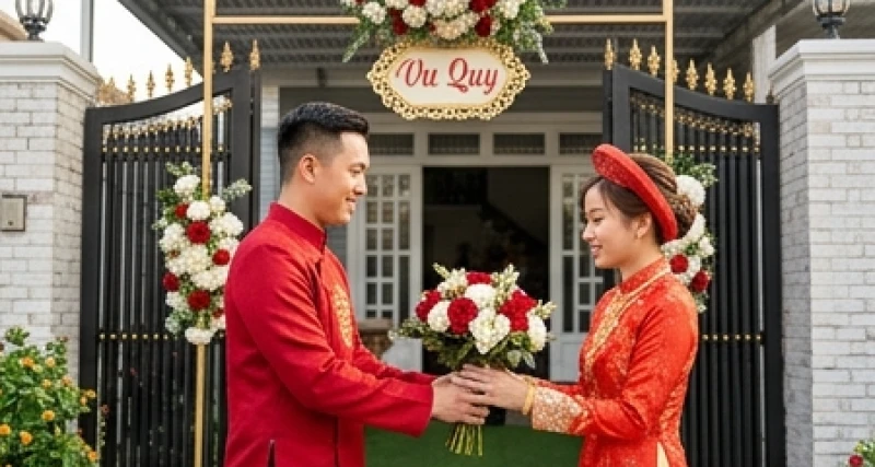 Tuổi Thân Cưới Ngày Nào Tốt: Bảng Tra Tháng và Loại Trừ Ngày Xung 2 Chú rể mặc áo dài đỏ trao hoa cho cô dâu trong ngày rước dâu mang lại vượng khí tốt lành