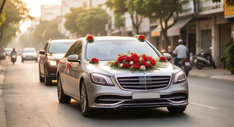 Đoàn xe hoa đám cưới được trang trí lộng lẫy đang di chuyển chầm chậm trên đường phố