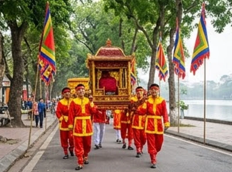 Văn khấn lễ hội Đền Quán Thánh: Bài cúng mùng 3/3 và sắm lễ chuẩn 4 Đoàn thanh niên trai tráng mặc trang phục truyền thống rước kiệu bát cống sơn son thếp vàng